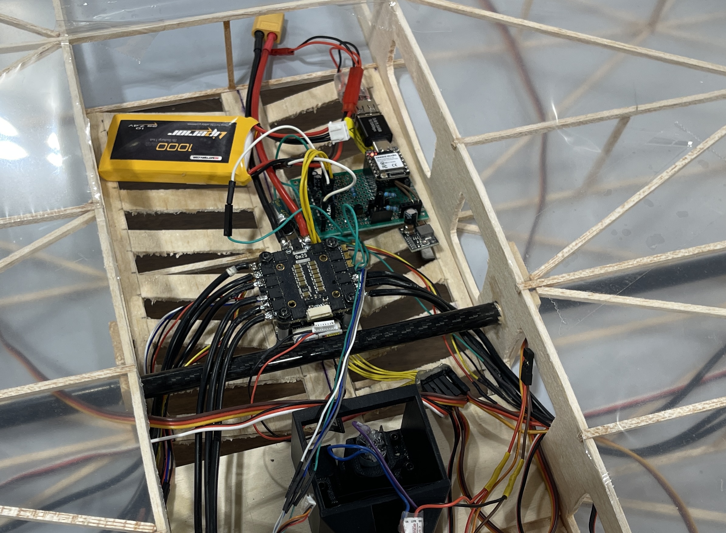 Close-up to the drone's circuitry with the PCB installed